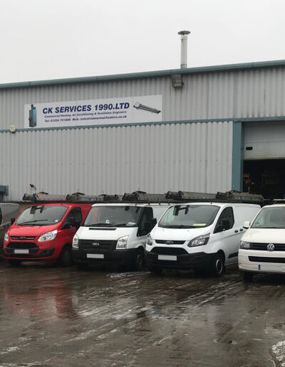 Current fleet of vans pictured outside our Blackburn factory.